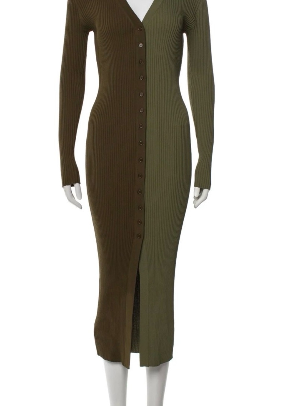 STAUD Two-Tone Olive Ribbed Button-Front Midi Dress